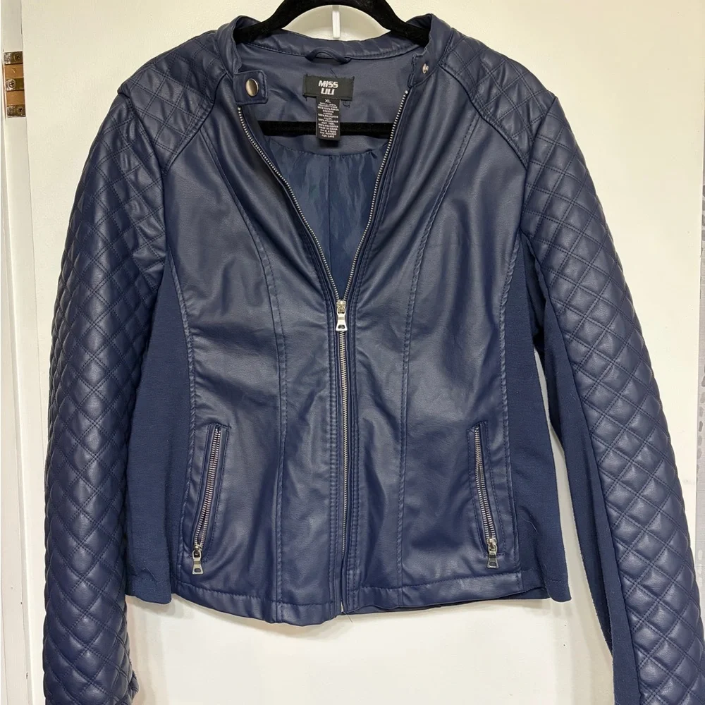 Navy Blue Quilted Women's Jacket Faux Leather - Picture 1 of 2